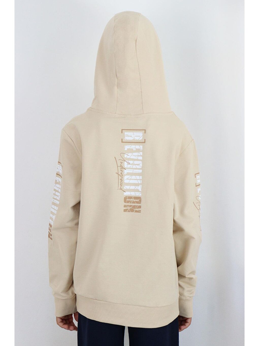 Ekru Erkek Çocuk Sweatshirt Kapüşonlu Kanguru Cepli Krem (9-16 Yaş)-3