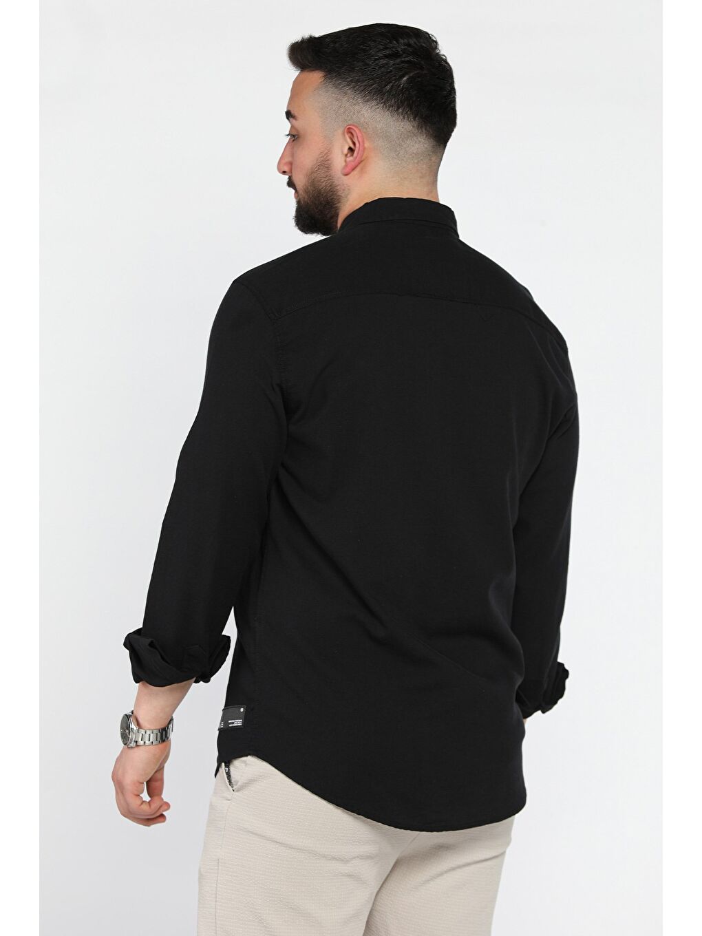Siyah Erkek Çift Cepli Amblem Detaylı Uzun Kol Gömlek-2