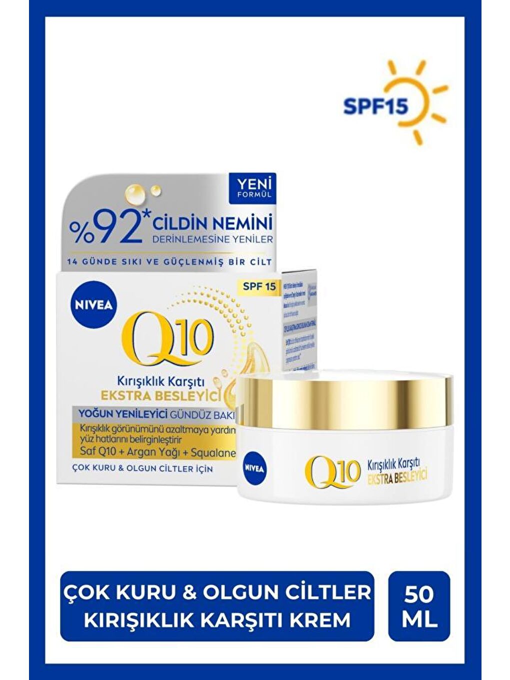 Olgun ve Kuru Ciltlere Özel Kırışıklık Karşıtı Ekstra Besleyici Q10 SPF15+Gündüz Kremi 50ml