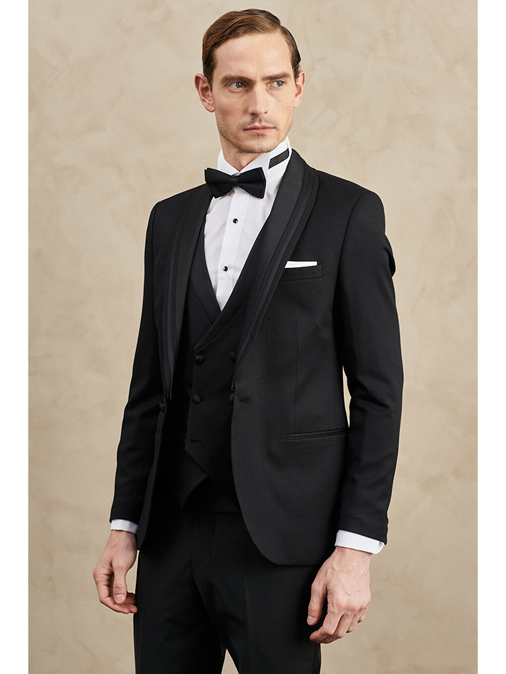 Erkek Siyah Slim Fit Dar Kesim Mono Yaka Desenli Yelekli Smokin Takım-2