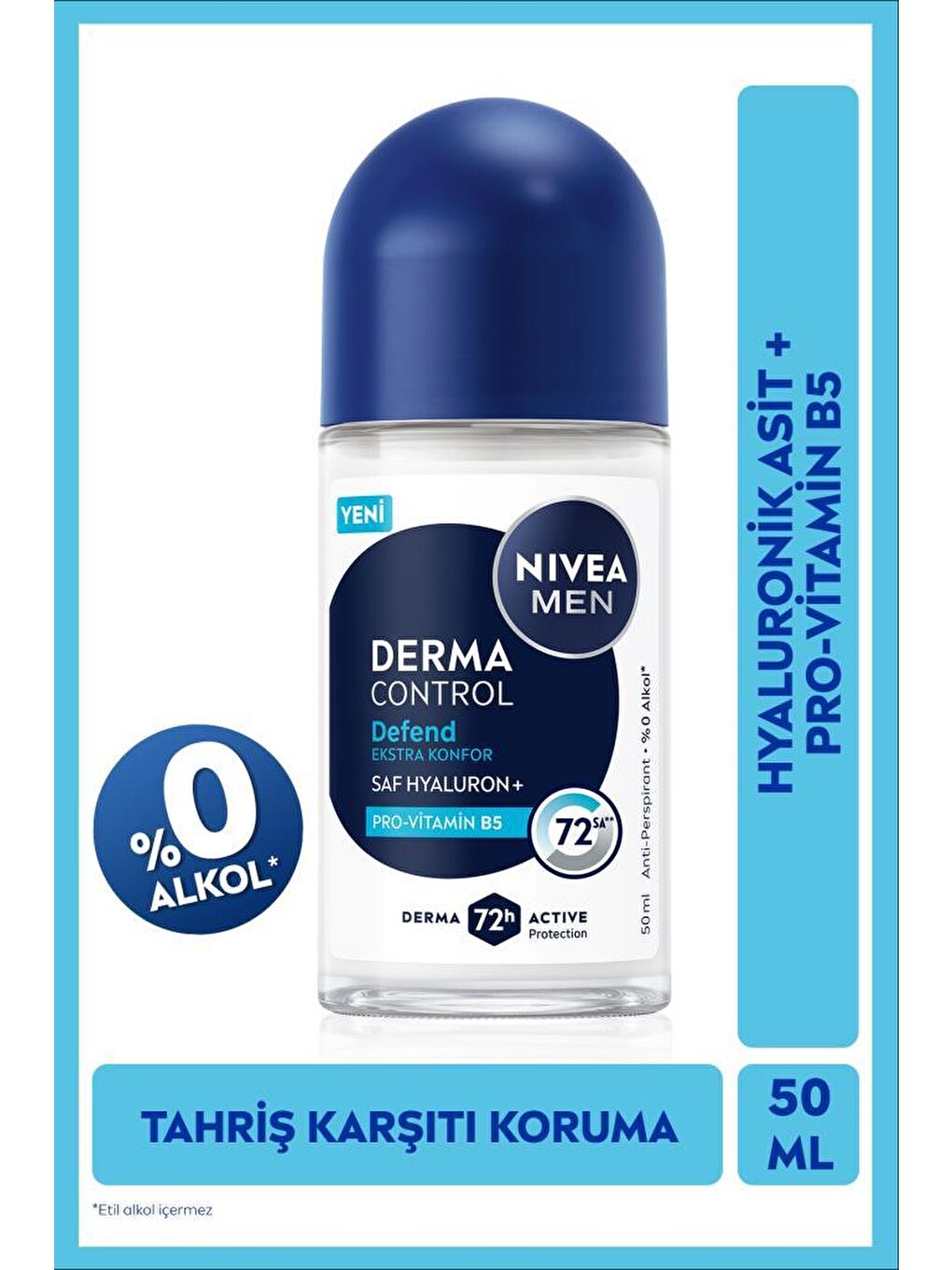 MEN Erkek Roll-on Deodorant Derma Control Defend 50ml, 72 Saat Anti-perspirant, Alkolsüz, Hyaluron
