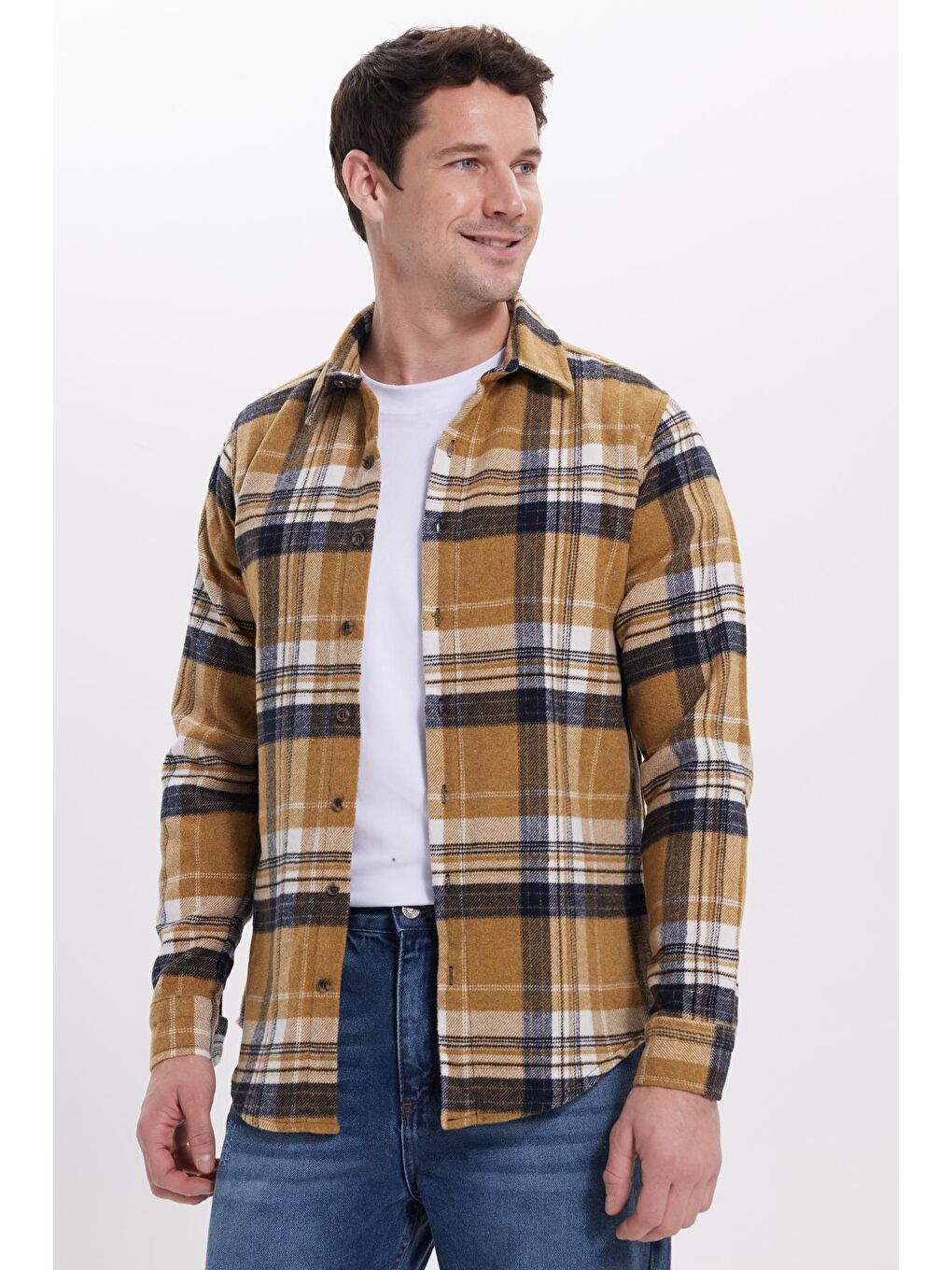 Sarı Erkek Slim Fit Dar Kesim Kareli Kışlık Oduncu Gömlek