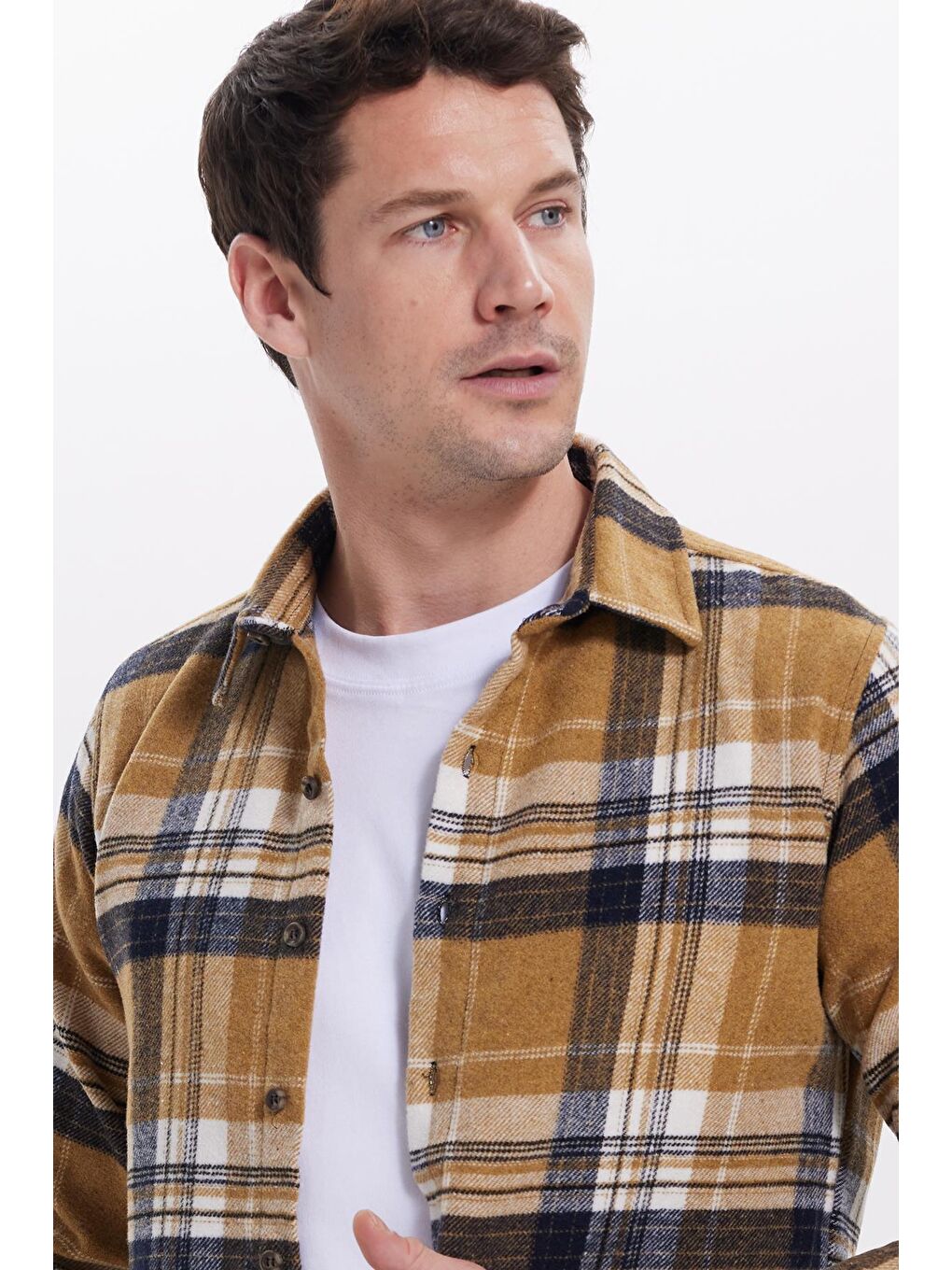 Sarı Erkek Slim Fit Dar Kesim Kareli Kışlık Oduncu Gömlek-1