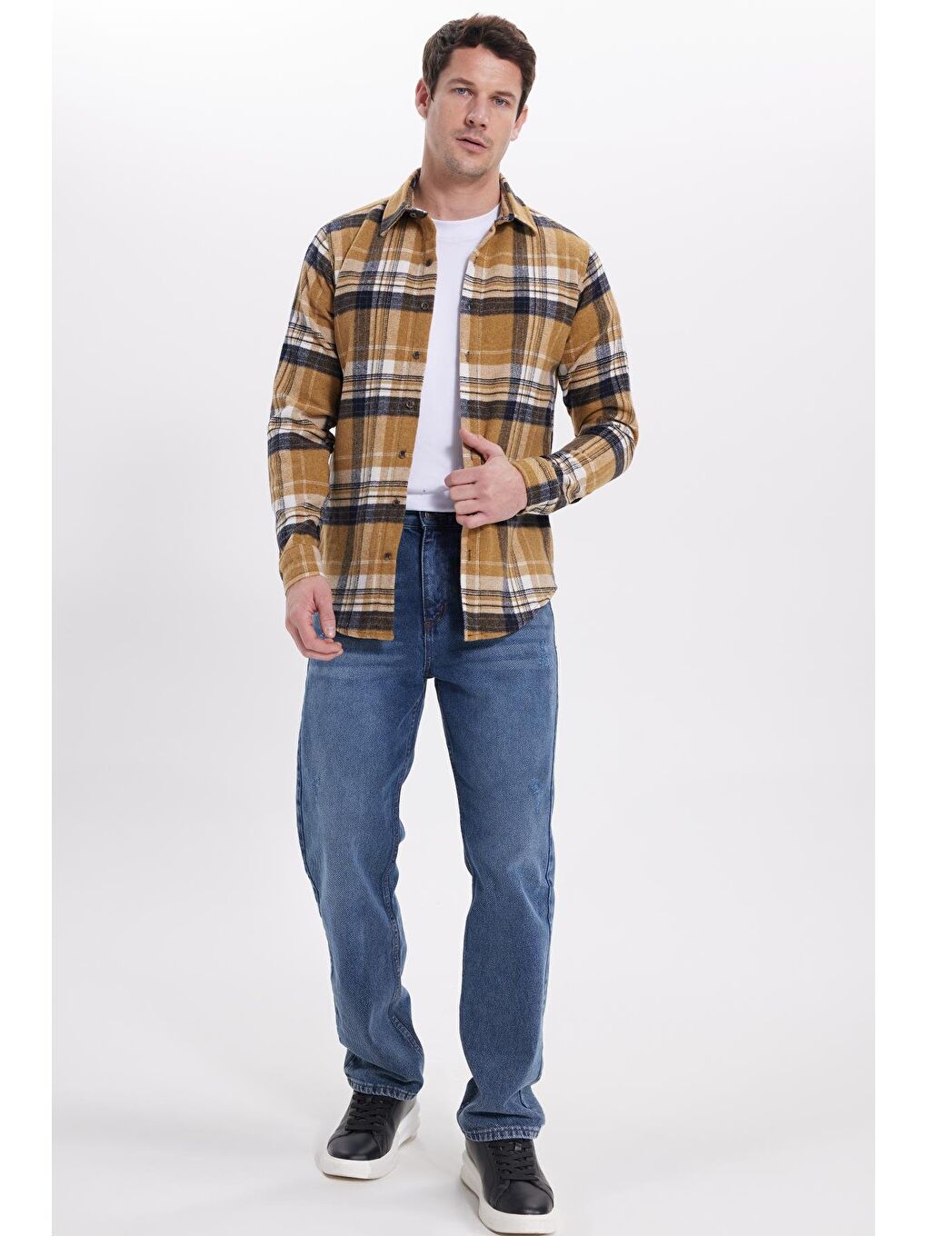 Sarı Erkek Slim Fit Dar Kesim Kareli Kışlık Oduncu Gömlek-2