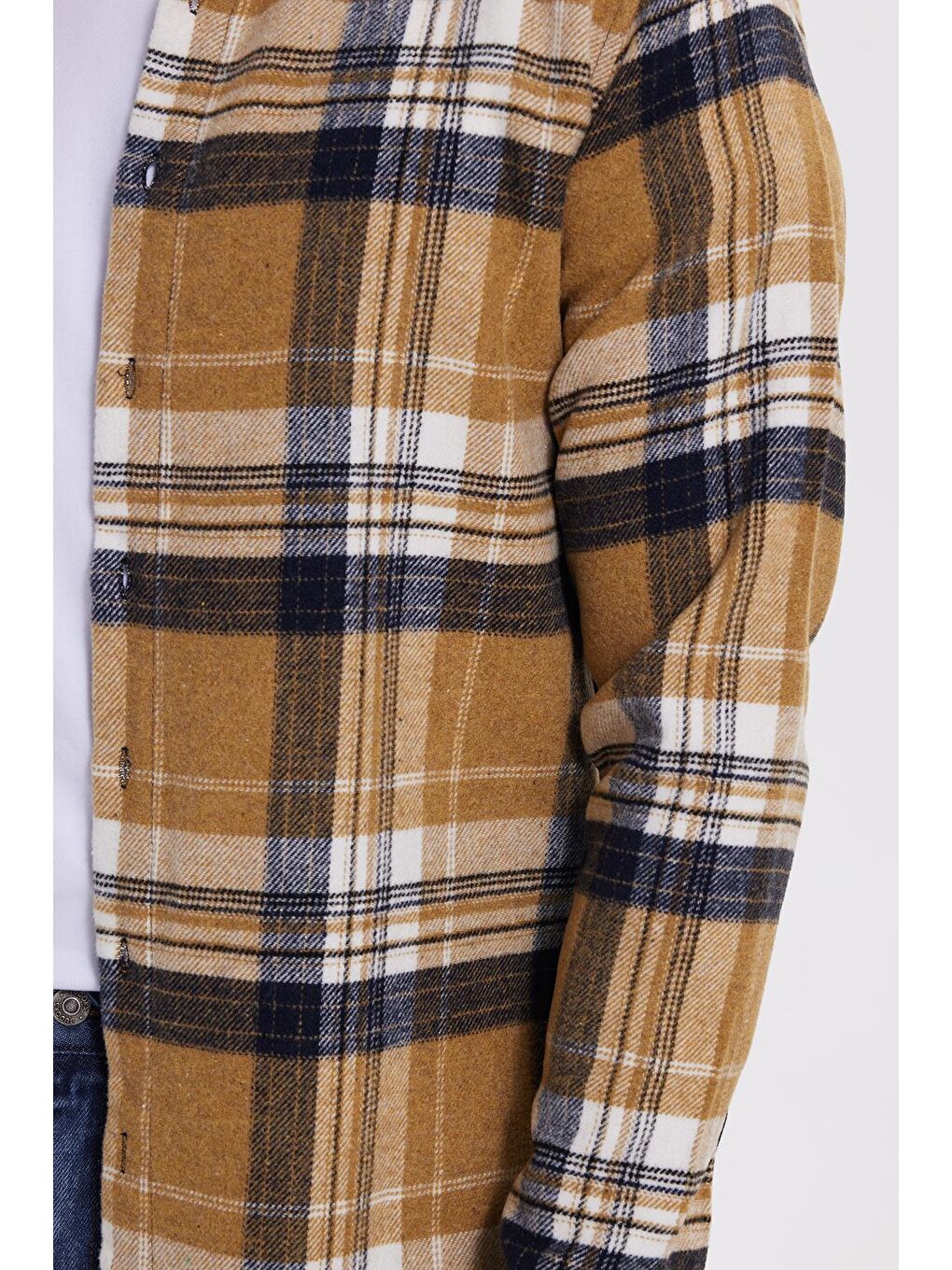 Sarı Erkek Slim Fit Dar Kesim Kareli Kışlık Oduncu Gömlek-3