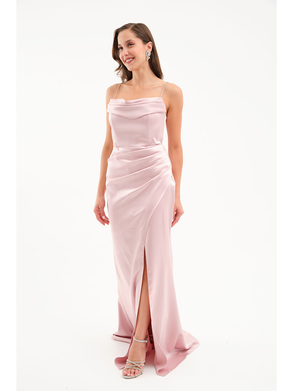 Pembe Kadın Pudra Taş Askılı Uzun Söz Nişan Abiye Elbise-1