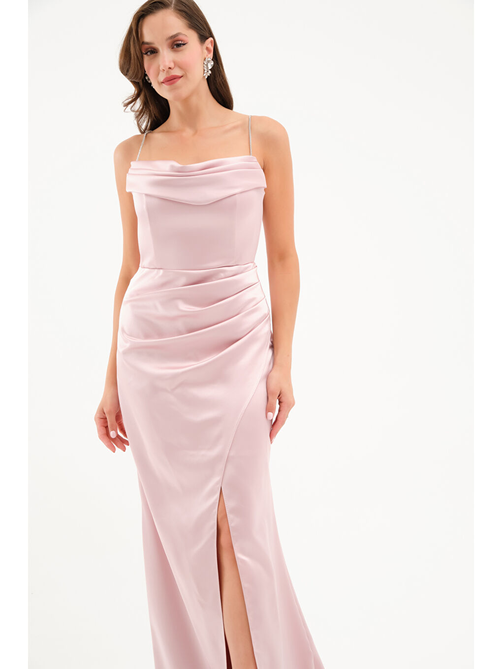 Pembe Kadın Pudra Taş Askılı Uzun Söz Nişan Abiye Elbise-3