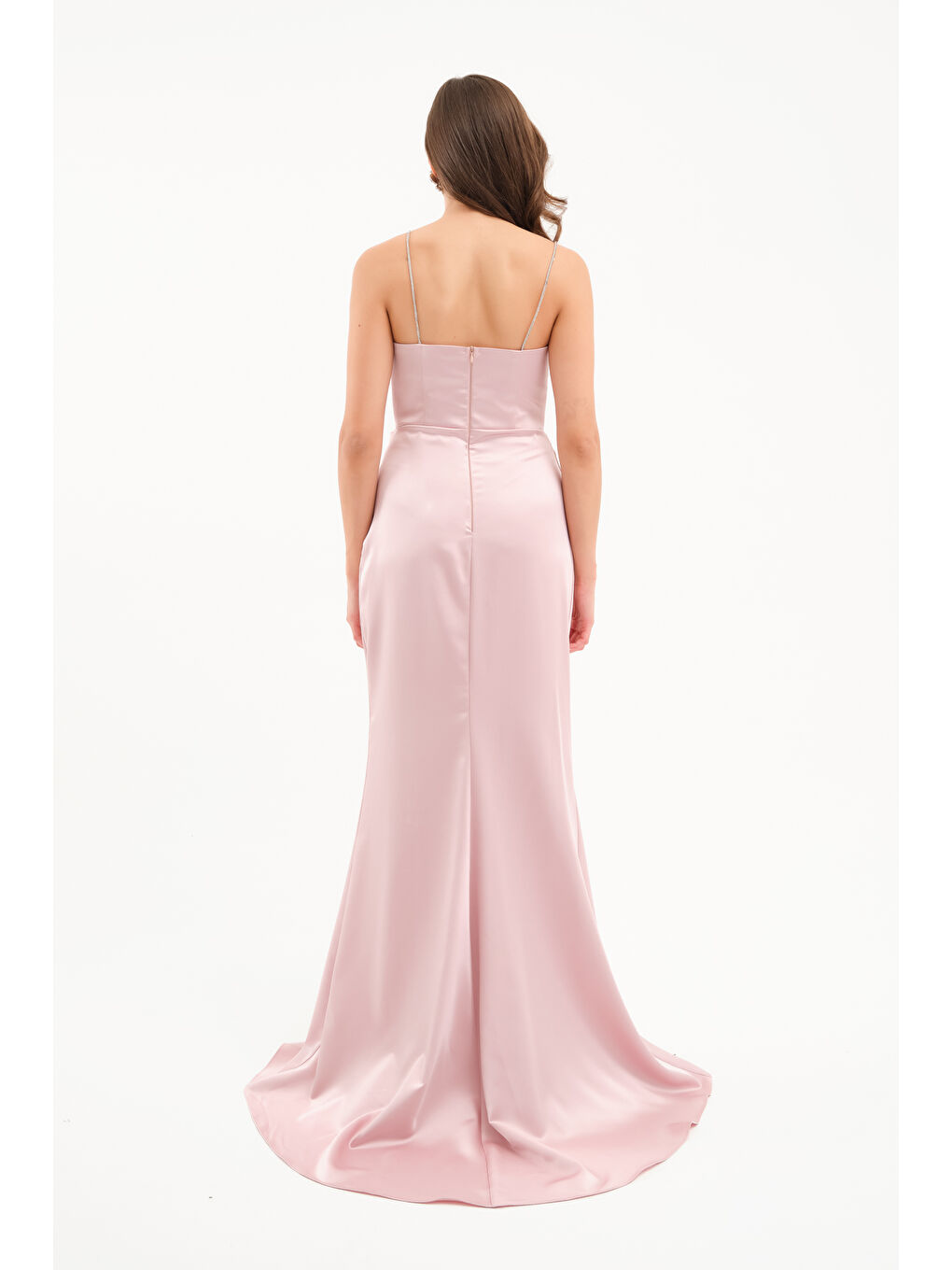 Pembe Kadın Pudra Taş Askılı Uzun Söz Nişan Abiye Elbise-4
