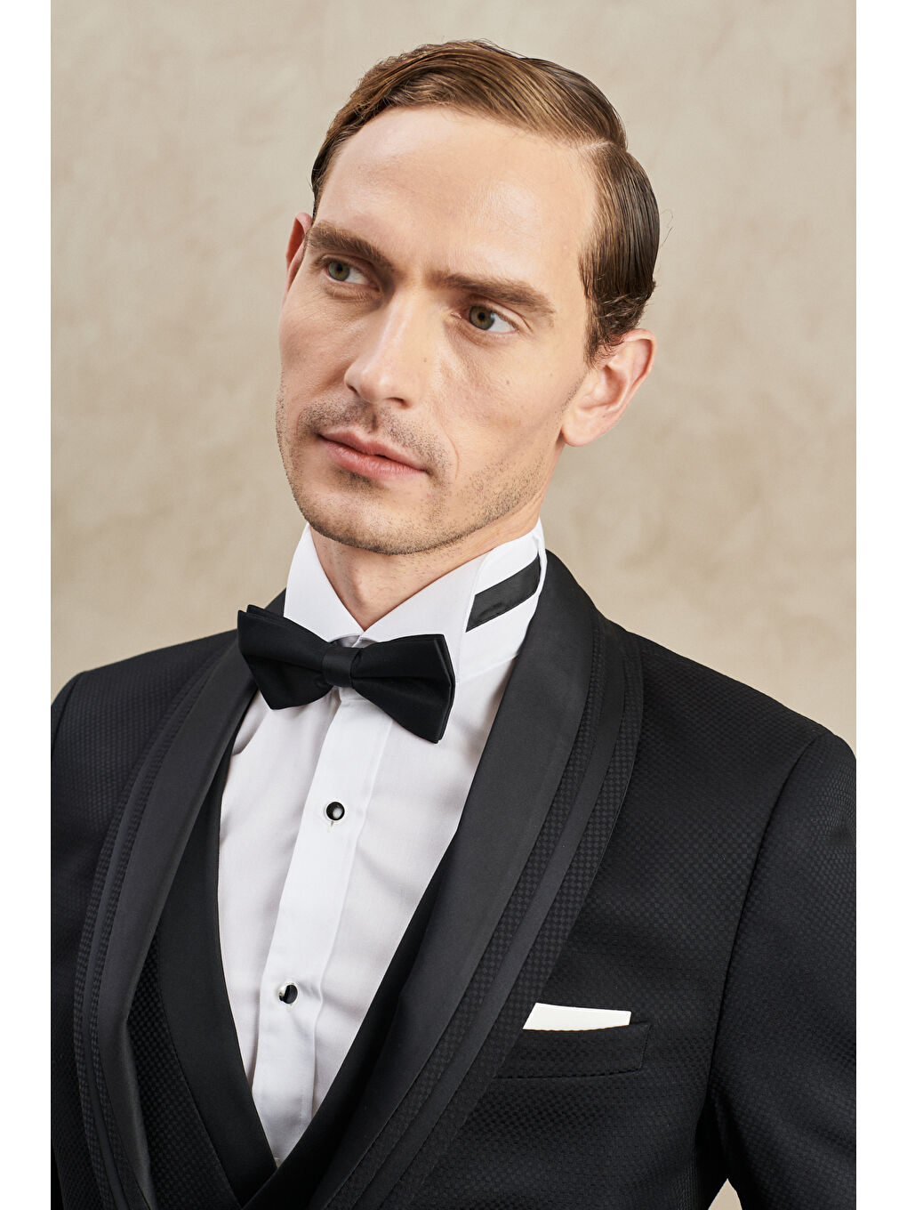 Erkek Siyah Slim Fit Dar Kesim Mono Yaka Desenli Yelekli Smokin Takım-3