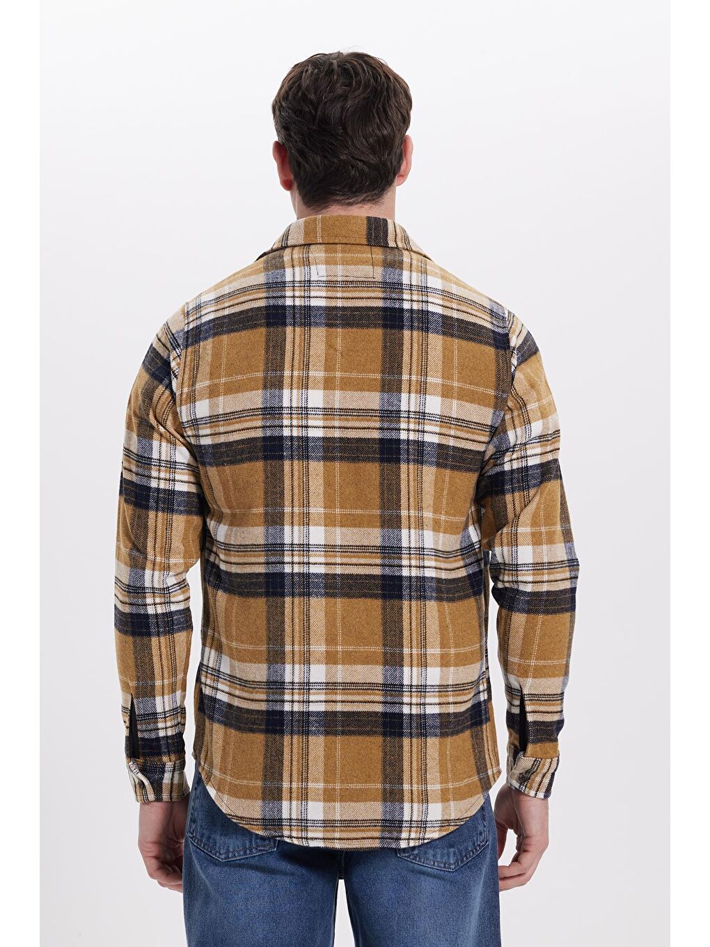 Sarı Erkek Slim Fit Dar Kesim Kareli Kışlık Oduncu Gömlek-5