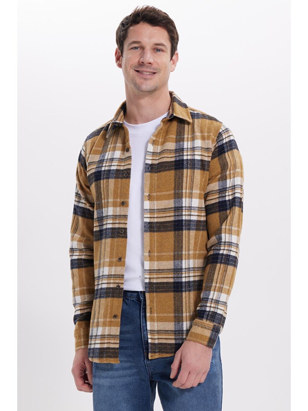 Sarı Erkek Slim Fit Dar Kesim Kareli Kışlık Oduncu Gömlek-6