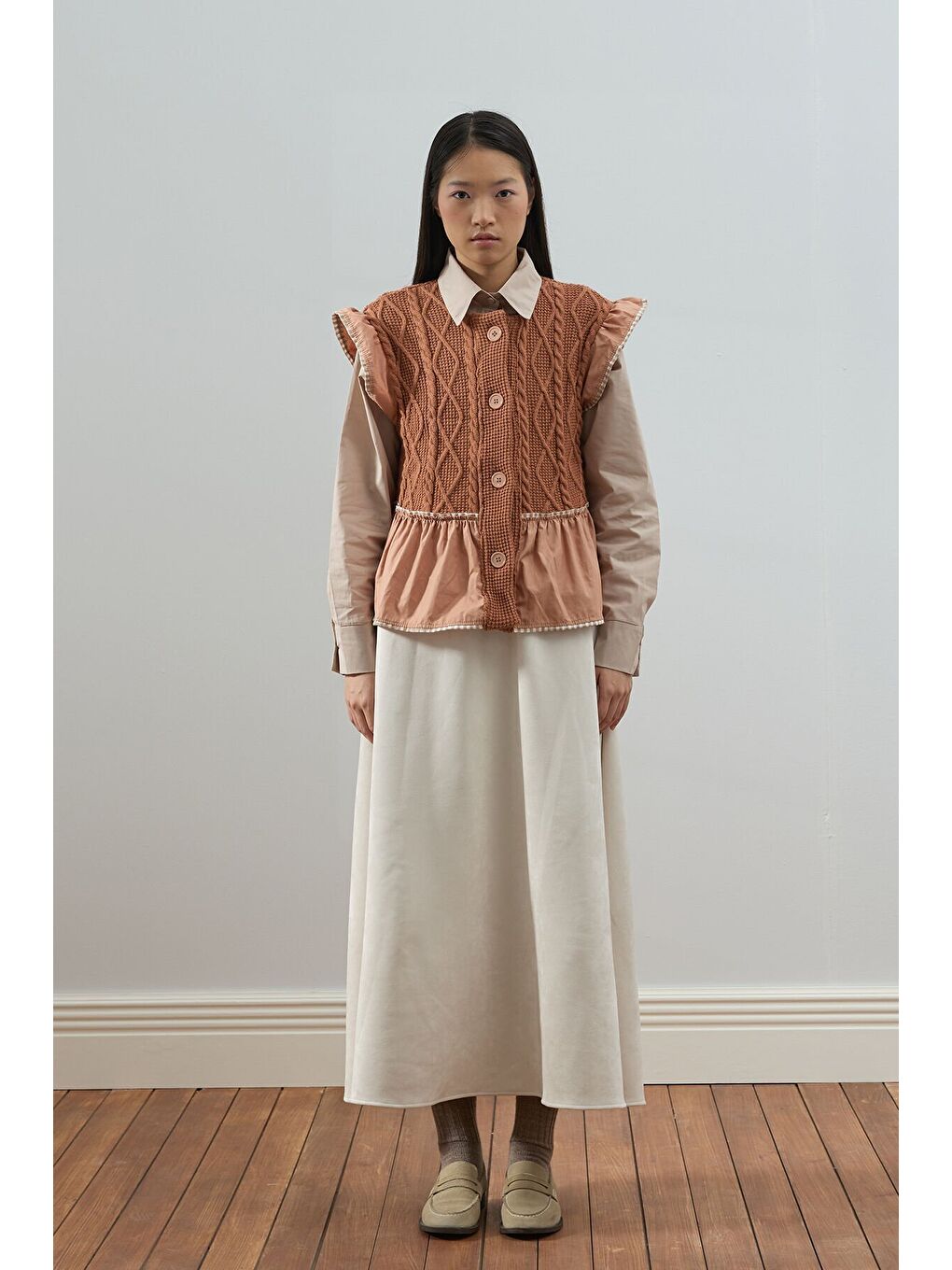 Pembe Somon Fırfırlı Triko Yelek-1