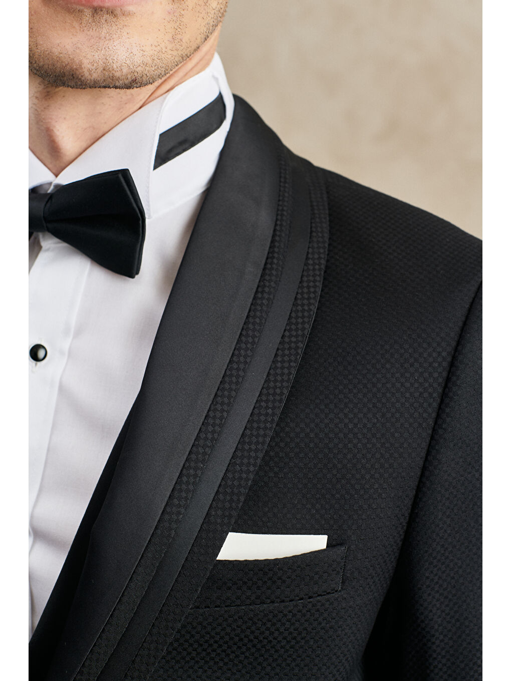 Erkek Siyah Slim Fit Dar Kesim Mono Yaka Desenli Yelekli Smokin Takım-4