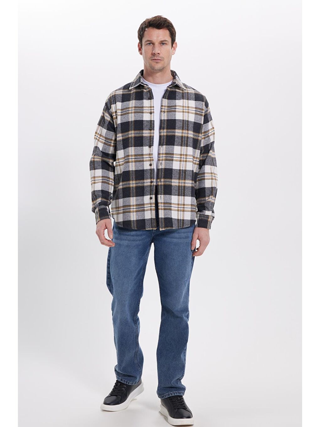 Gri Erkek Relax Fit Rahat Kesim Kışlık Kareli Oduncu Gömlek-2