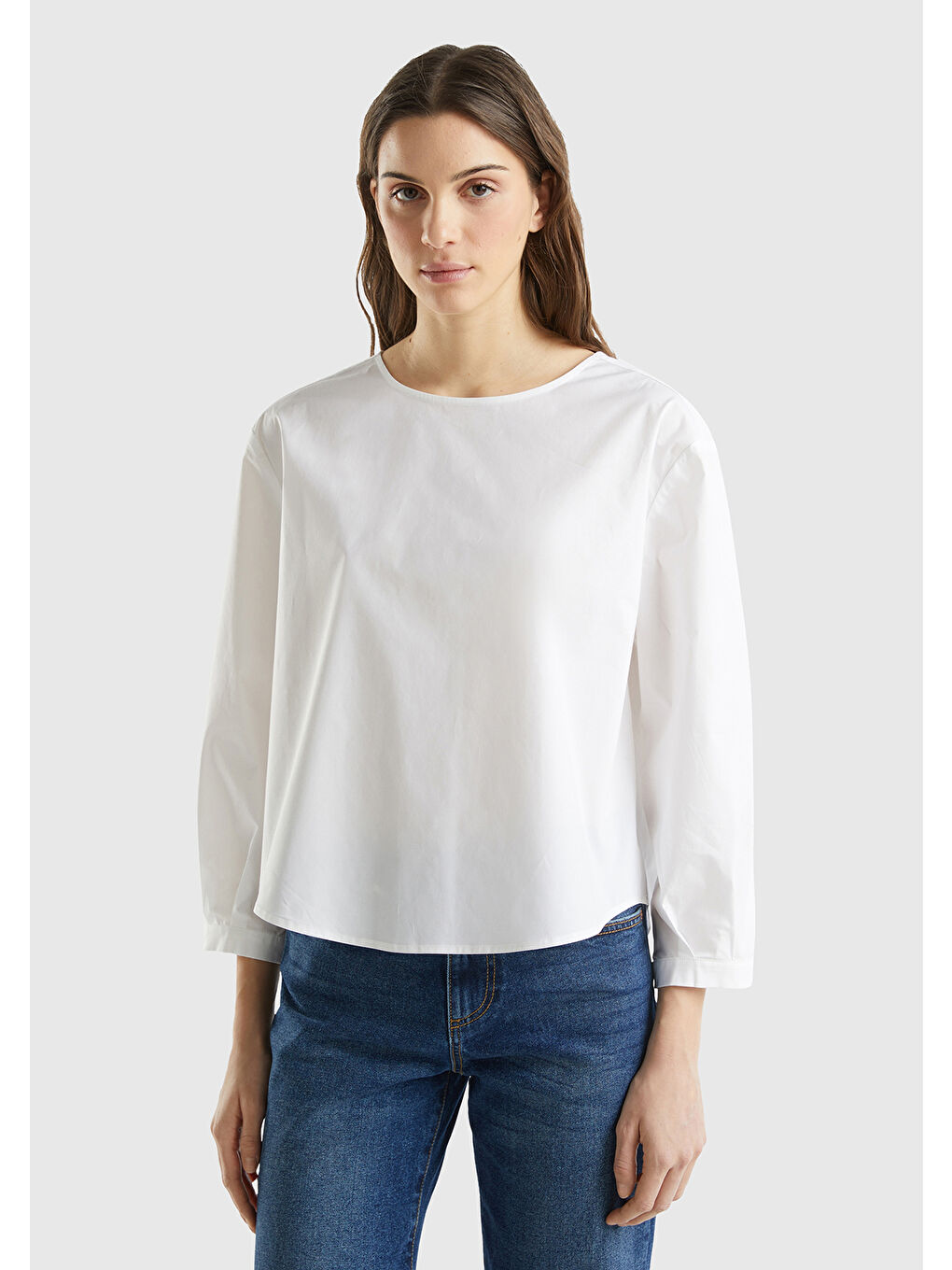 Kadın Beyaz Streç Pamuklu Kayık Yaka Bluz