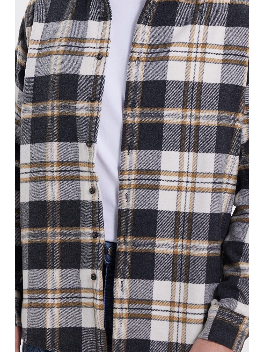 Gri Erkek Relax Fit Rahat Kesim Kışlık Kareli Oduncu Gömlek-3