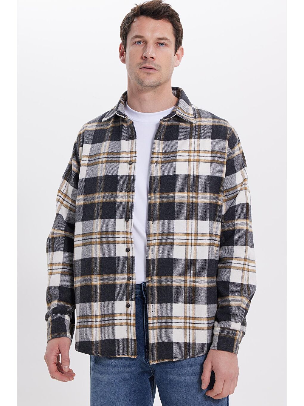 Gri Erkek Relax Fit Rahat Kesim Kışlık Kareli Oduncu Gömlek-5