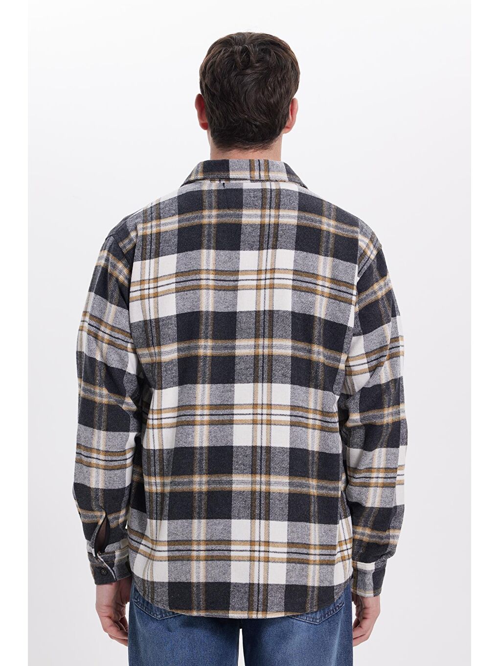 Gri Erkek Relax Fit Rahat Kesim Kışlık Kareli Oduncu Gömlek-6