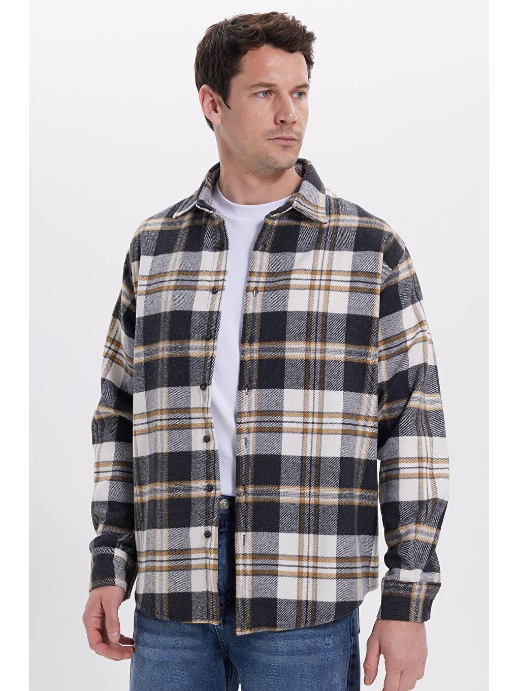 Gri Erkek Relax Fit Rahat Kesim Kışlık Kareli Oduncu Gömlek-7