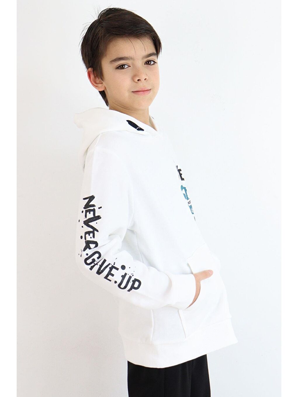 Erkek Çocuk Sweatshirt Kanguru Cepli Kapüşonlu Ekru (9-16 Yaş)-2