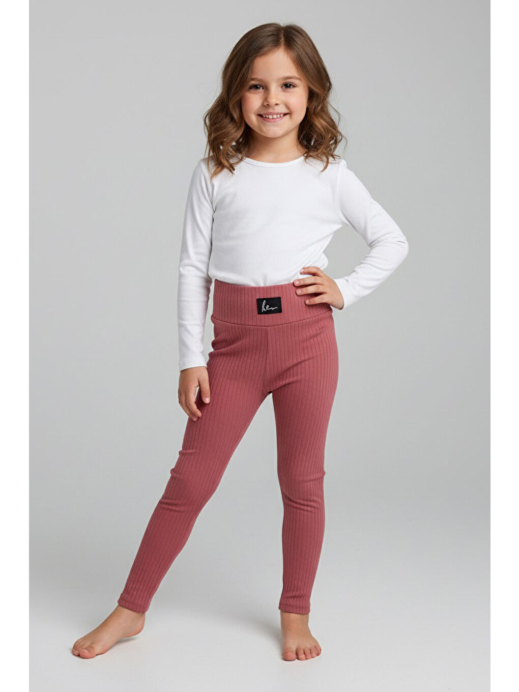 Pembe Kız Çocuk Gul Kurusu Armalı Fitilli Kadife Tayt - 27963-GUL-KURUSU