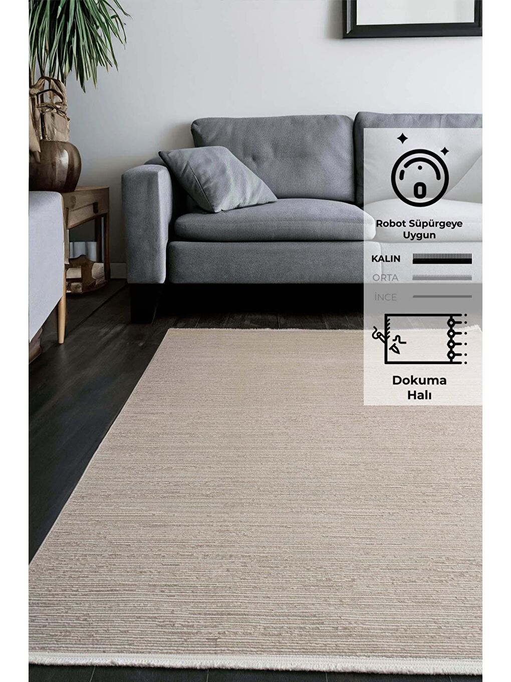 Konfor Parla 5787 Bej Kadife İplikli Salon Mutfak Oturma Odası Halısı Modern Dokuma Halı-100x300