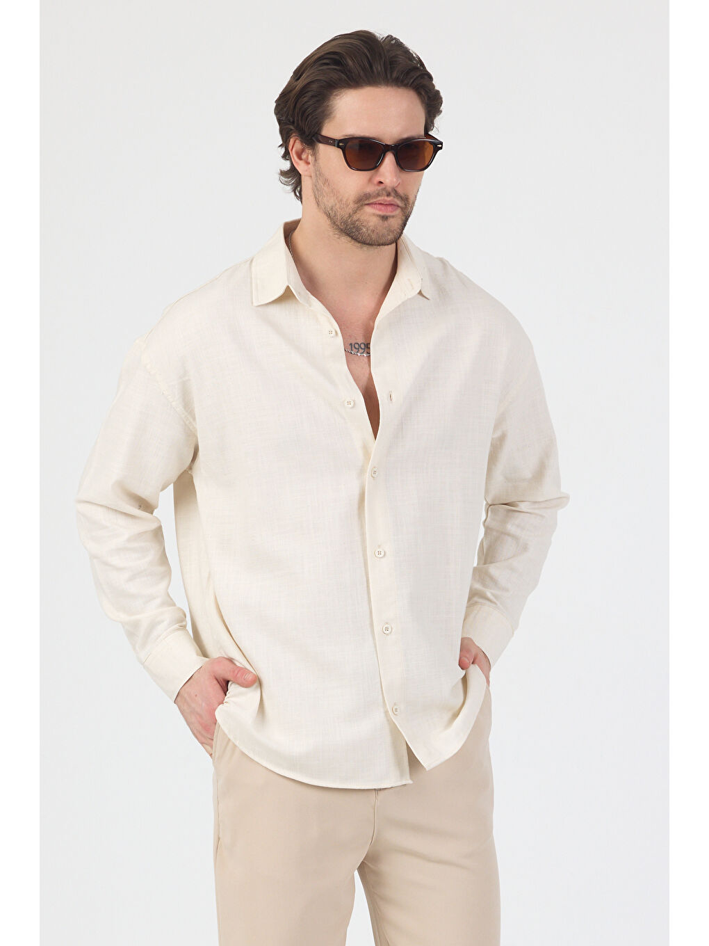 Erkek Pamuklu Keten Görünümlü Gömlek Bej-1