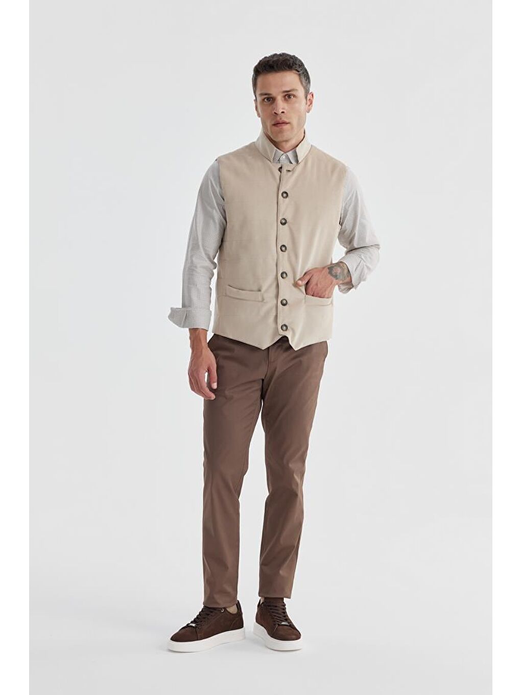 Bej Hakim Yaka Çift Taraflı Slim Fit Yelek