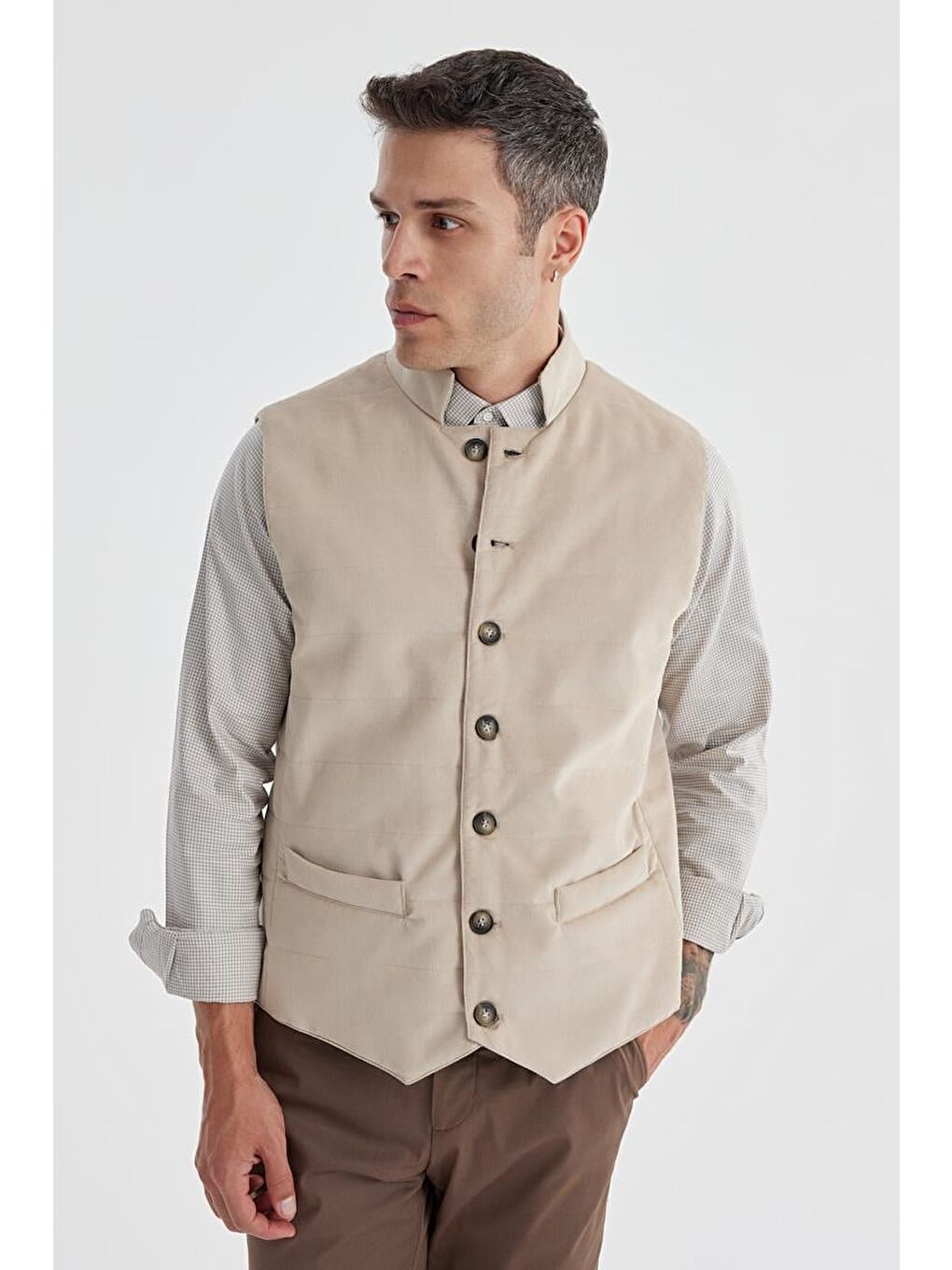 Bej Hakim Yaka Çift Taraflı Slim Fit Yelek-1