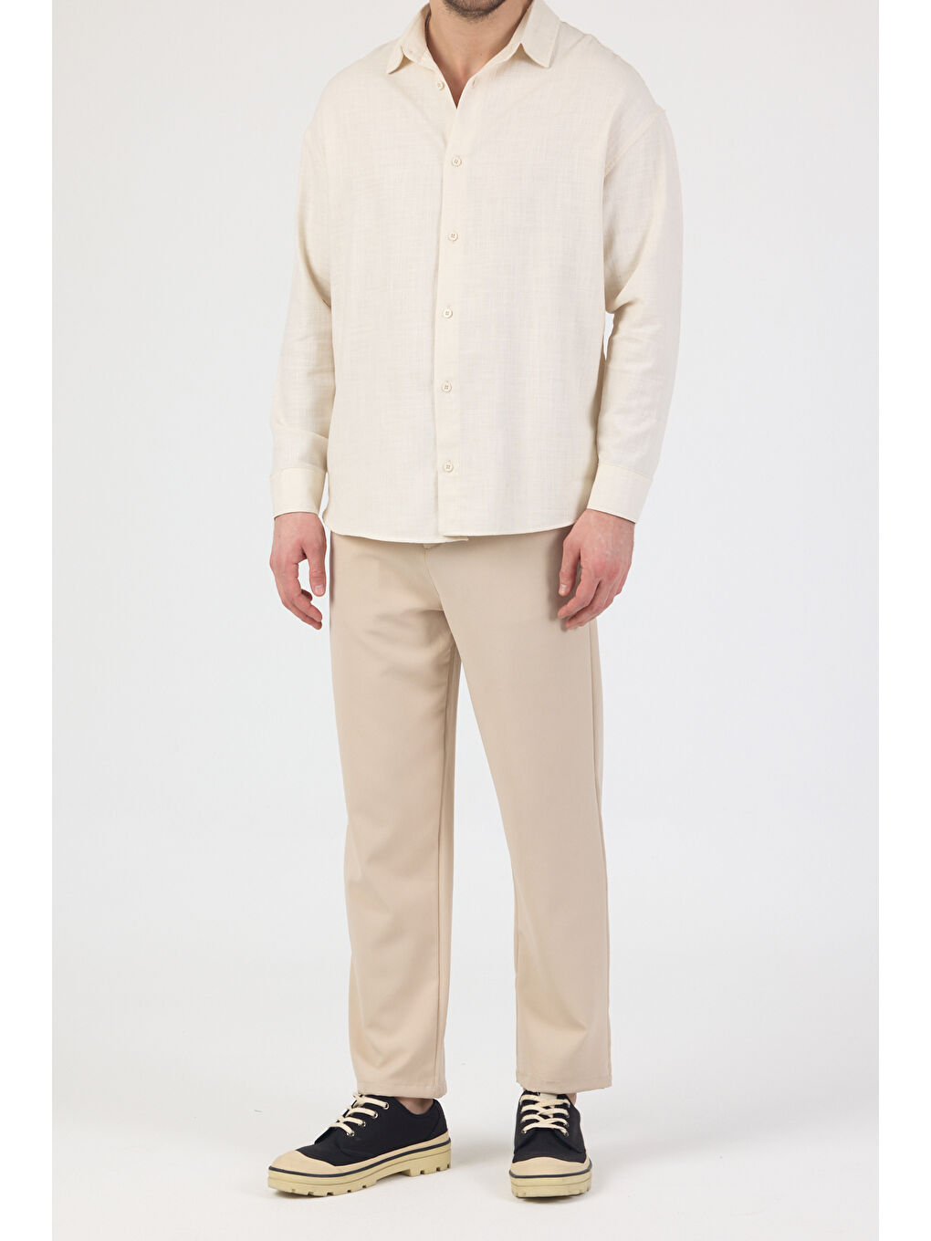 Erkek Pamuklu Keten Görünümlü Gömlek Bej-5
