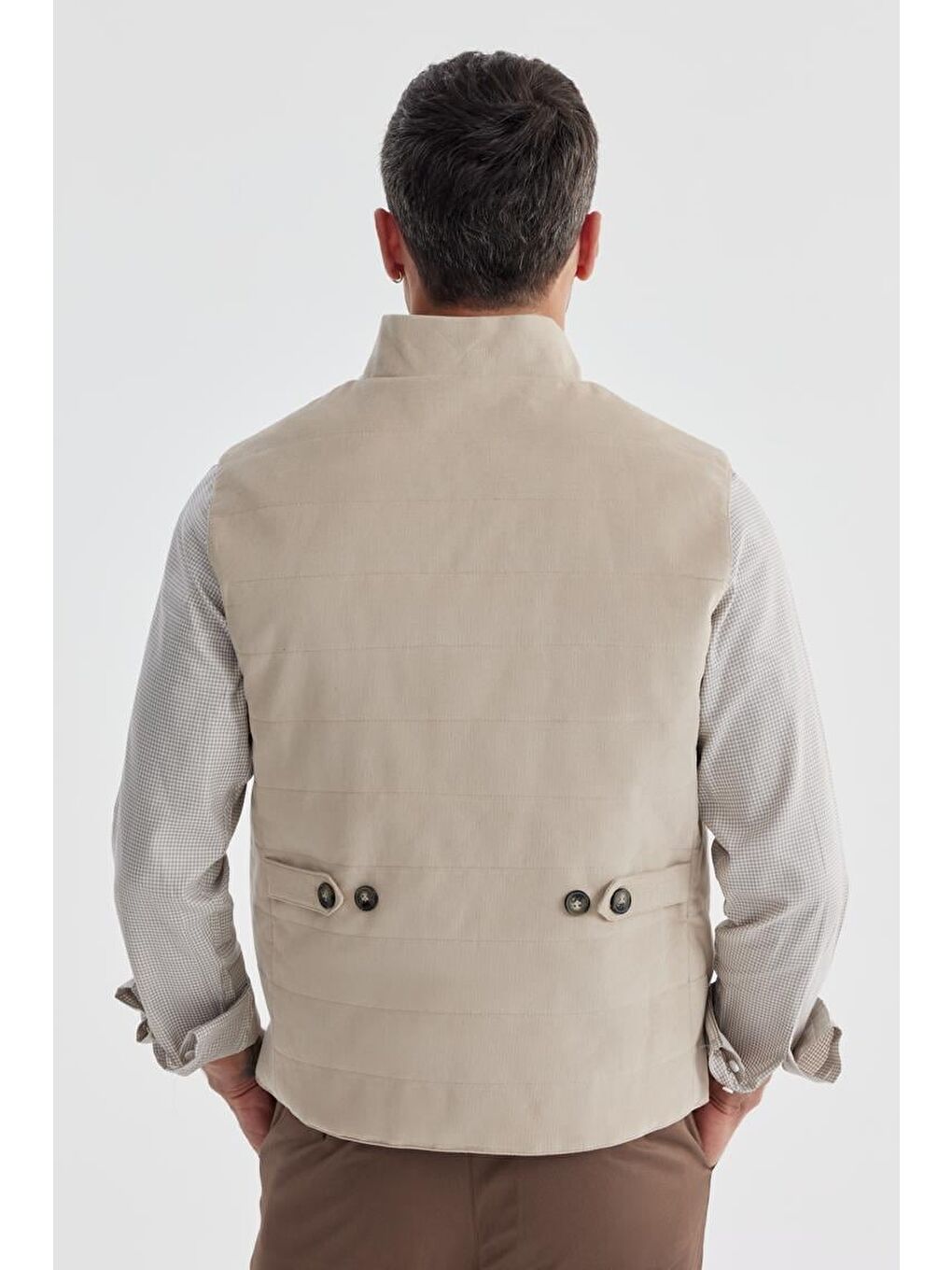 Bej Hakim Yaka Çift Taraflı Slim Fit Yelek-3