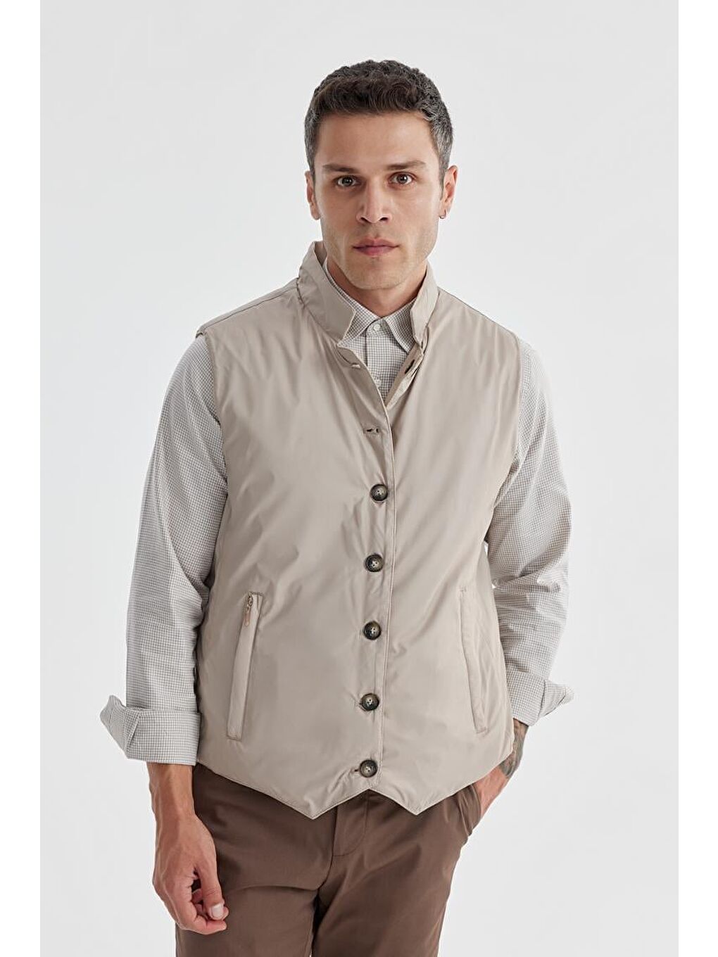 Bej Hakim Yaka Çift Taraflı Slim Fit Yelek-4