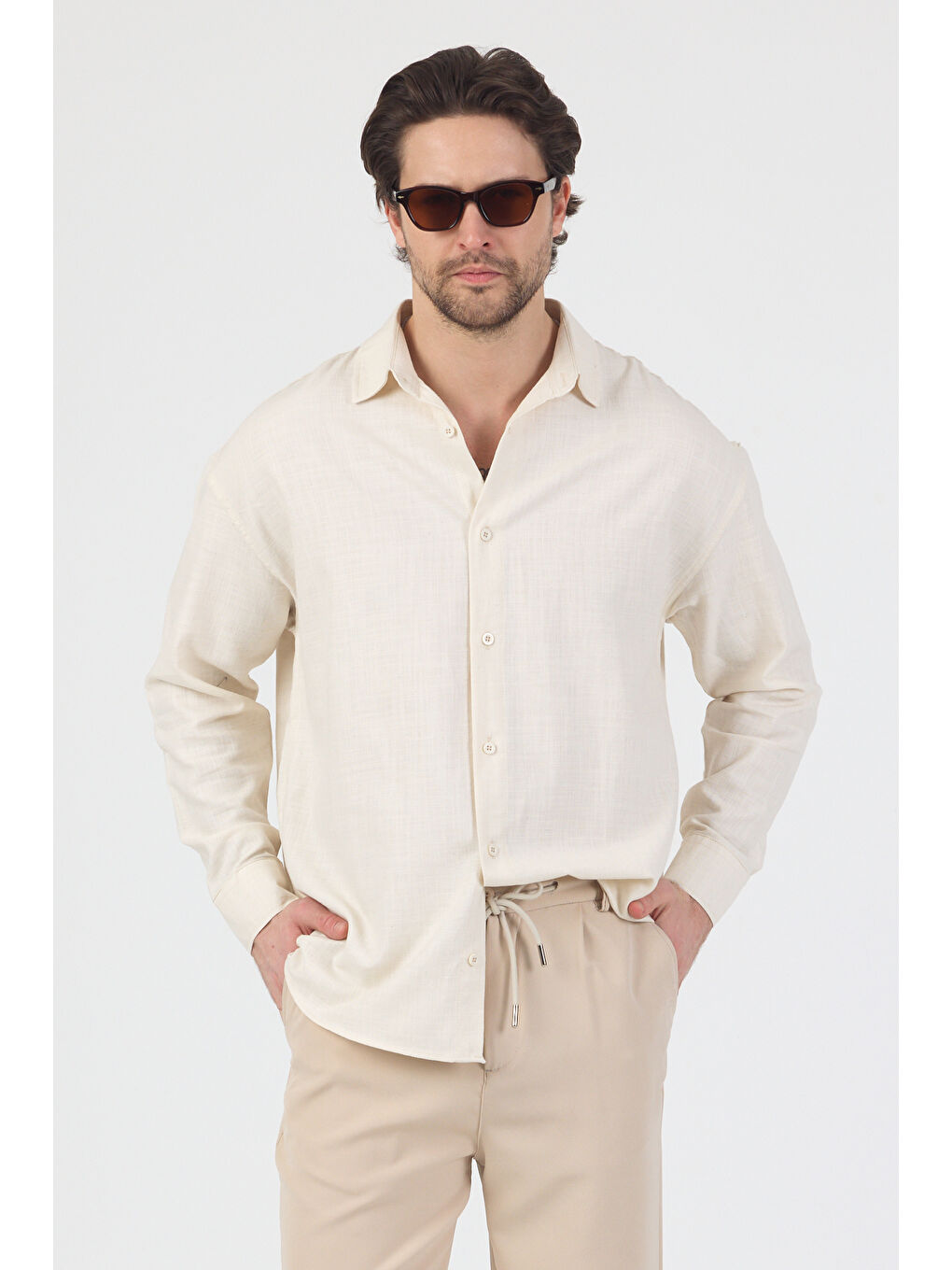 Erkek Pamuklu Keten Görünümlü Gömlek Bej-6