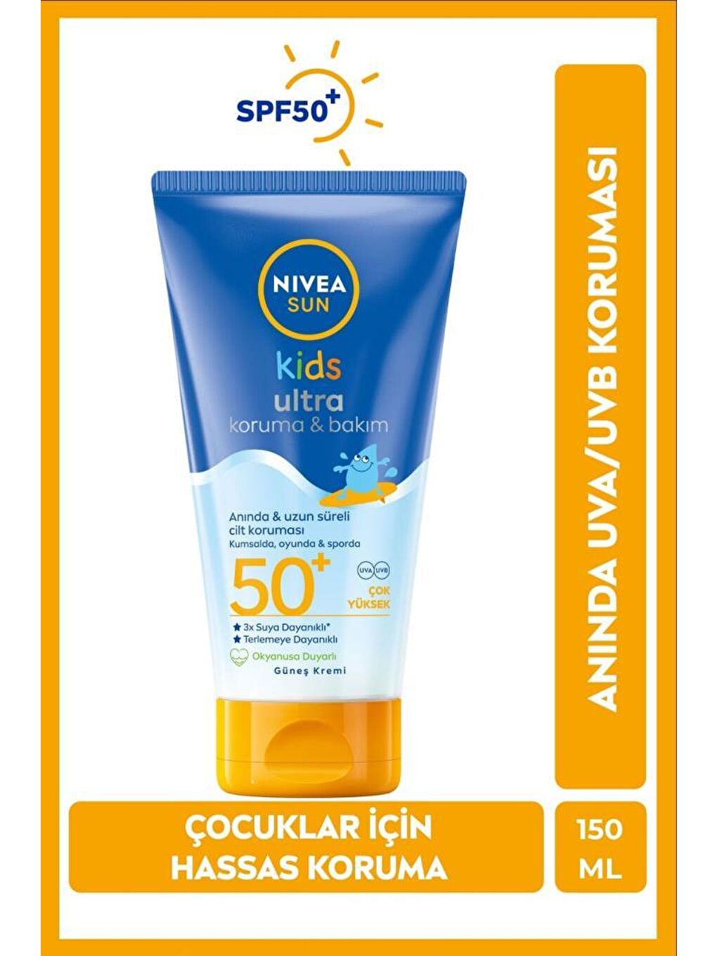 SUN SPF50 Çocuklar İçin Bakım ve Yüksek Güneş Koruyucu Vücut Kremi 150ml,Suya Dayanıklı, Hassas Cilt