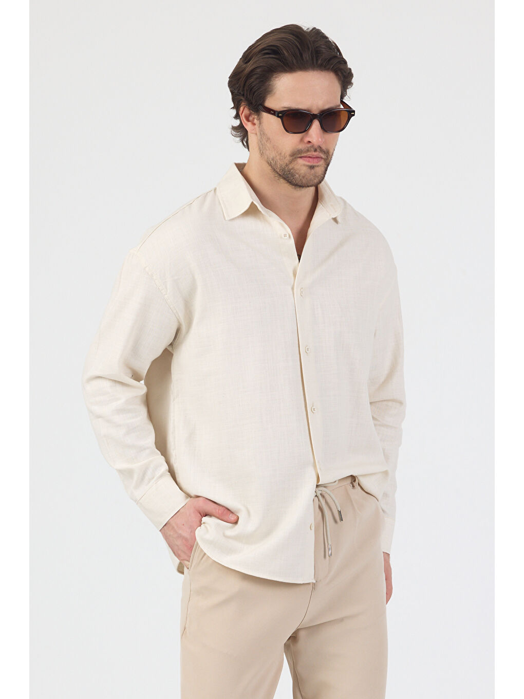 Erkek Pamuklu Keten Görünümlü Gömlek Bej-7