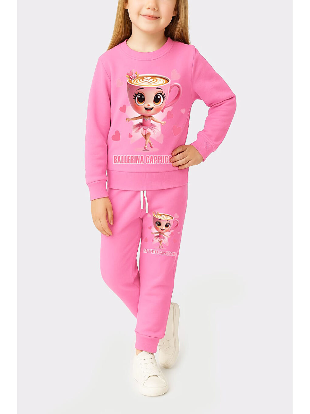 Pembe Kız Çocuk 3 İplik Şardonlu Görsel Baskılı Alt-Üst Takım-3 -10 Yaş 12410-1