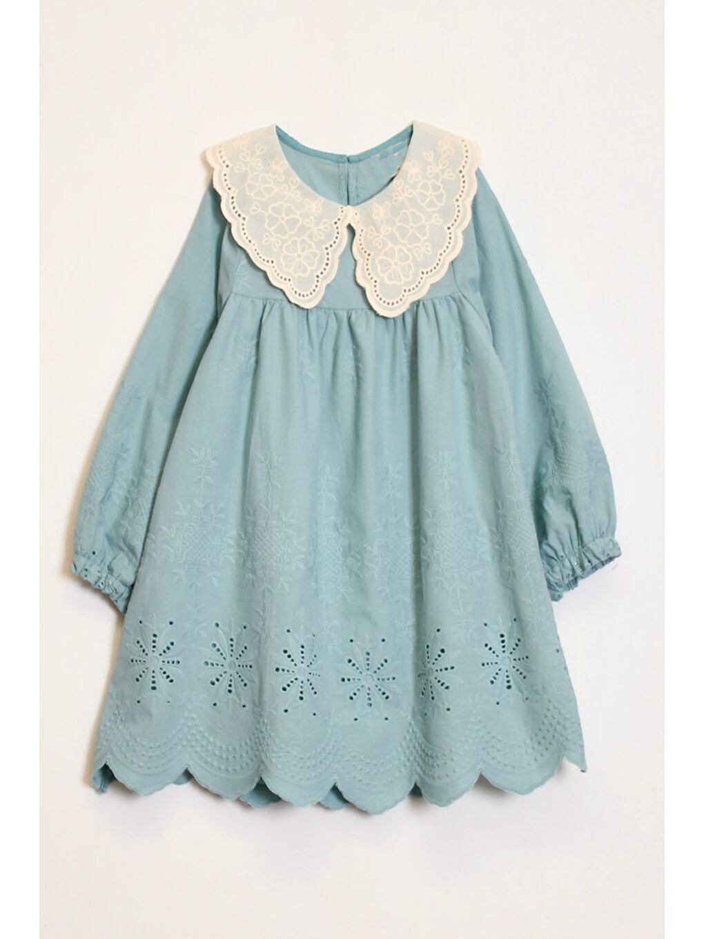 Turkuaz Kız Çocuk Dantel Yakalı Dokuma Elbise 3-7 Yaş 12247