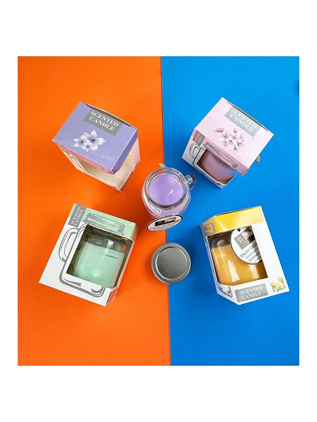 Karışık Aromatik Kokulu Kulplu Cam Kavanoz Mum   Tek Adet-1