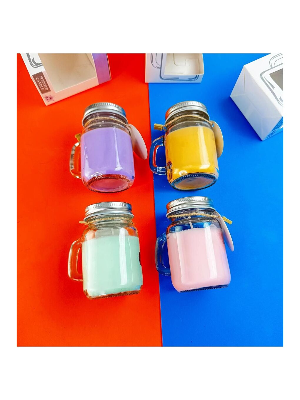 Karışık Aromatik Kokulu Kulplu Cam Kavanoz Mum   Tek Adet-2