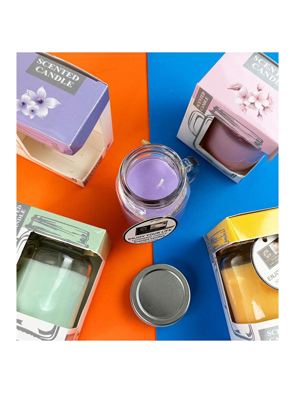 Karışık Aromatik Kokulu Kulplu Cam Kavanoz Mum   Tek Adet-3