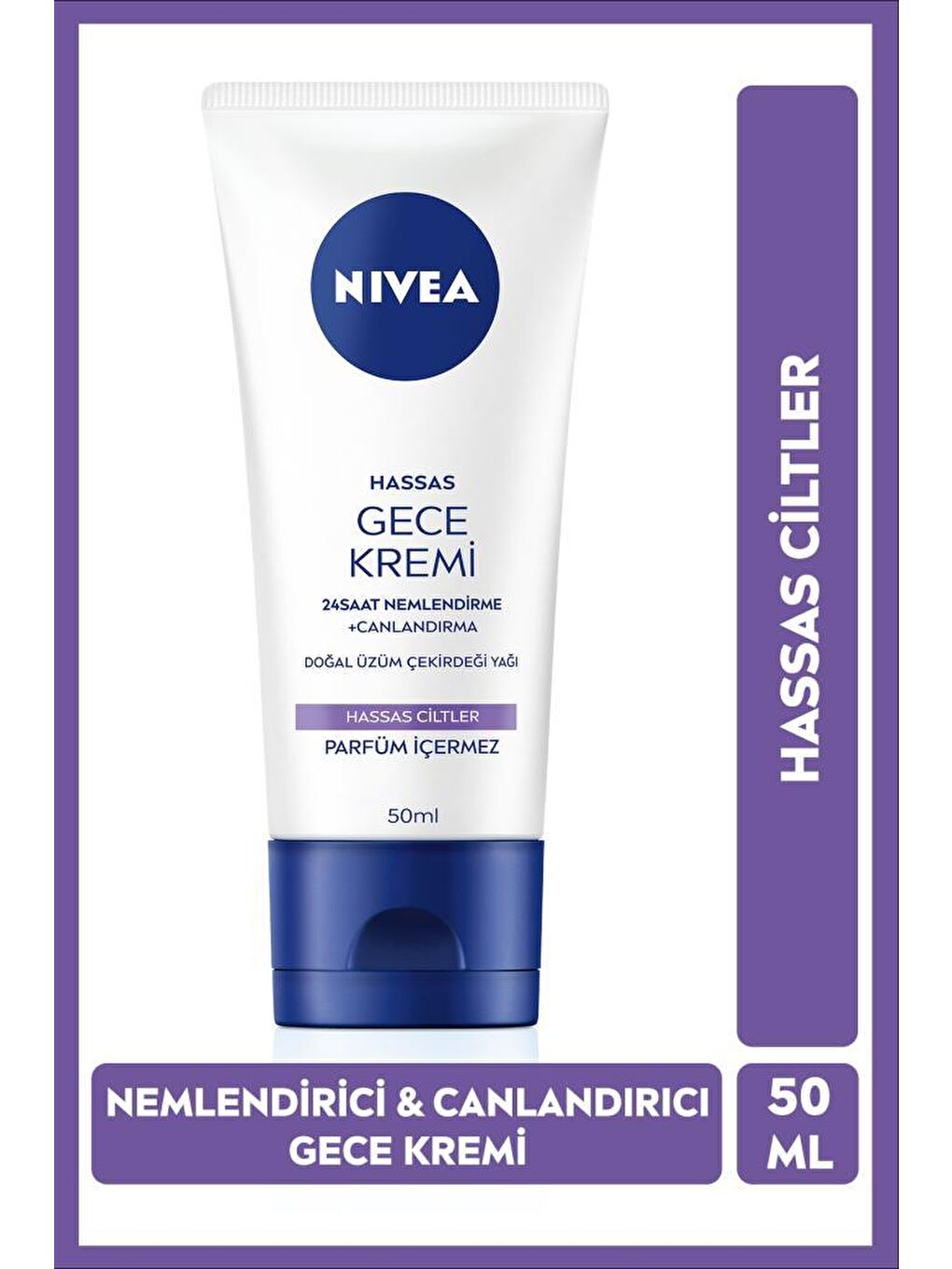 Hassas Ciltler İçin 24 Saat Nemlendirici Gece Bakım Kremi 50ml, Doğal Üzüm Çekirdeği, Canlandırıcı