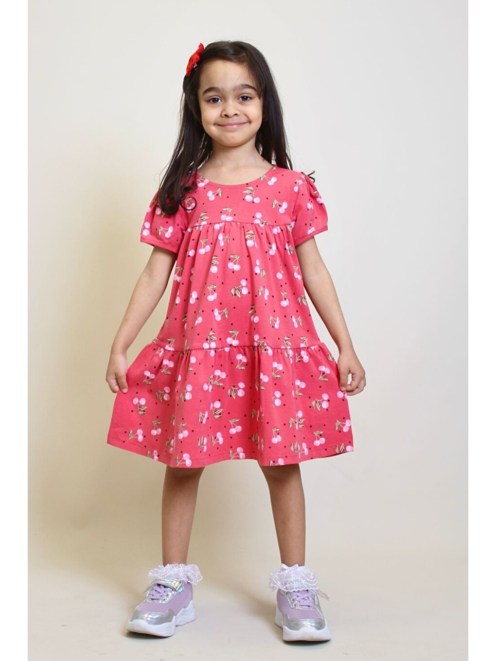 Pembe Kız Çocuk Kiraz Desenli Elbise 2-7 Yaş 12246