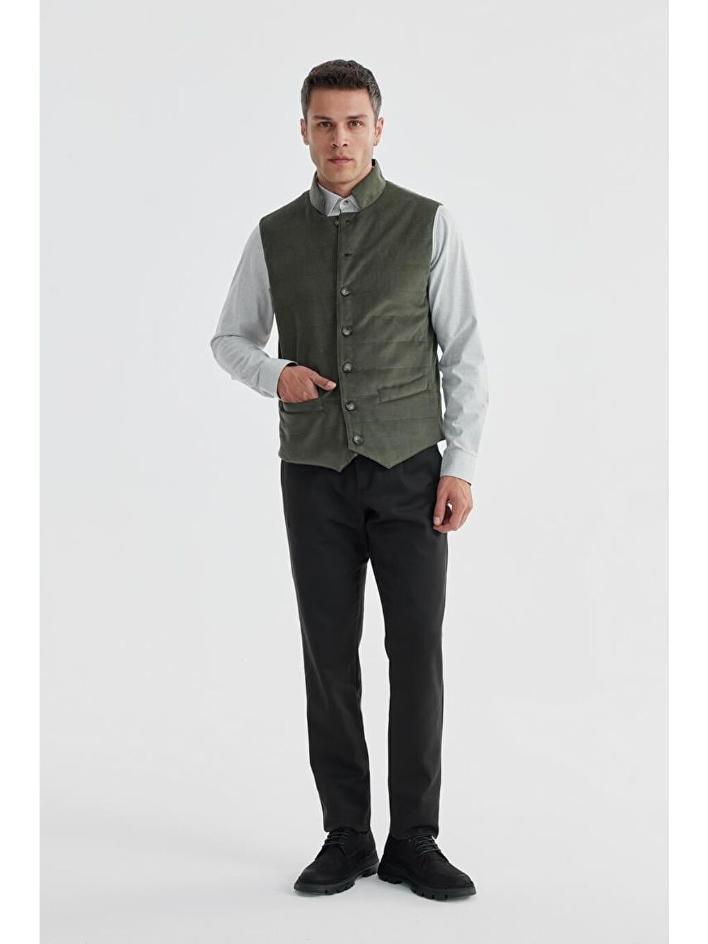 Haki Hakim Yaka Çift Taraflı Slim Fit Yelek