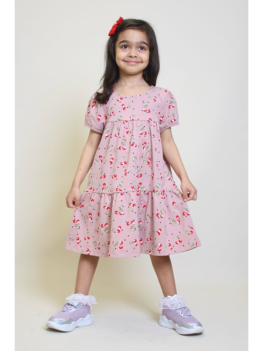 Lila Kız Çocuk Kiraz Desenli Elbise 2-7 Yaş 12246