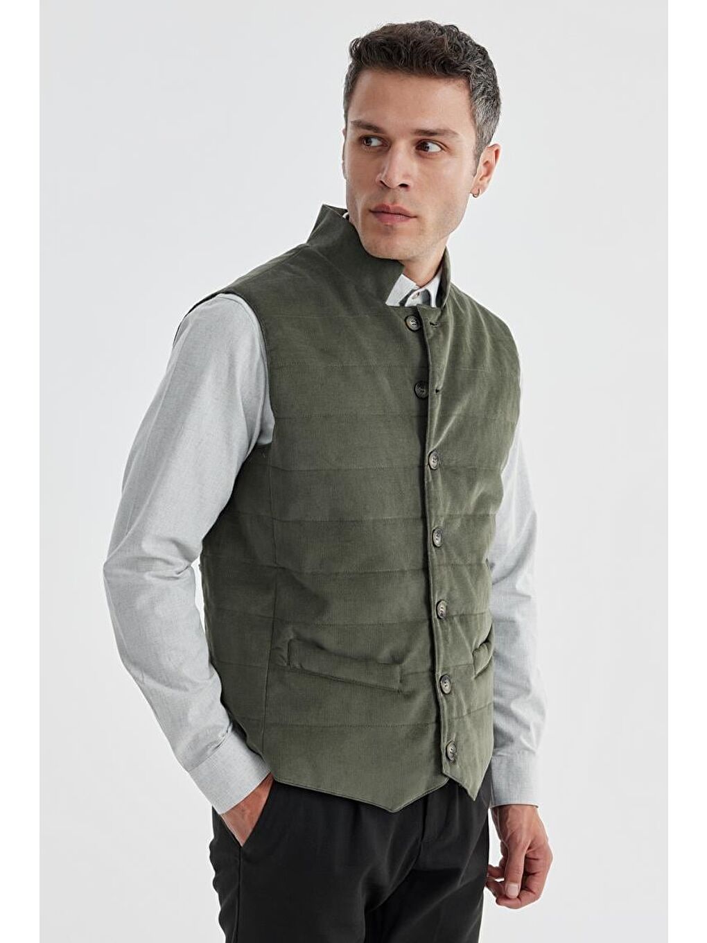 Haki Hakim Yaka Çift Taraflı Slim Fit Yelek-1