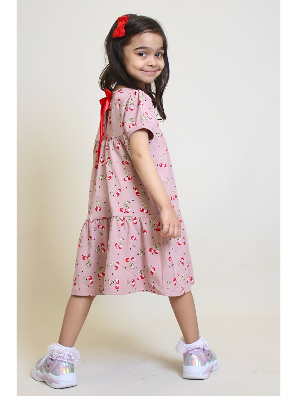 Lila Kız Çocuk Kiraz Desenli Elbise 2-7 Yaş 12246-1