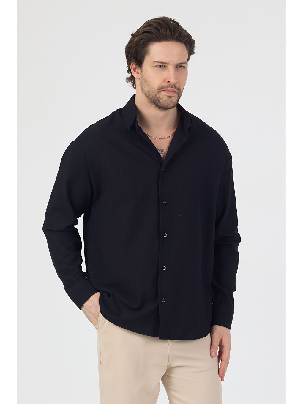 Erkek Pamuklu Keten Görünümlü Gömlek Siyah