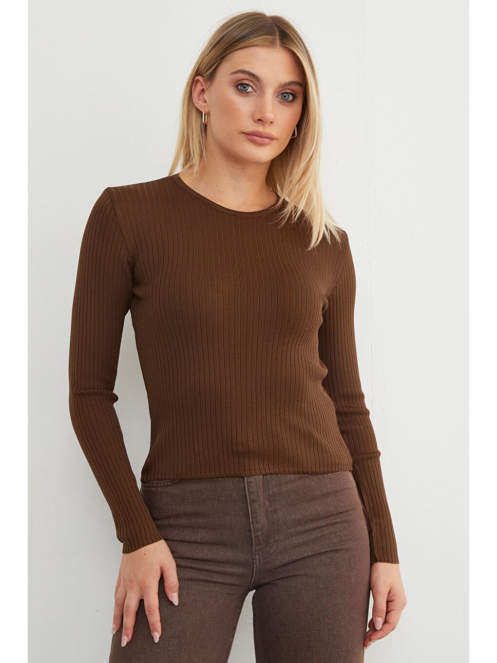 Kahverengi Fitilli Bisiklet Yaka İnce Triko Kazak-3