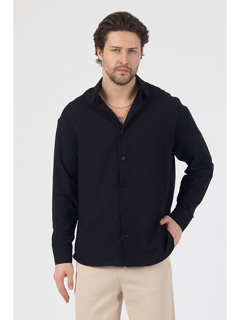 Erkek Pamuklu Keten Görünümlü Gömlek Siyah-1