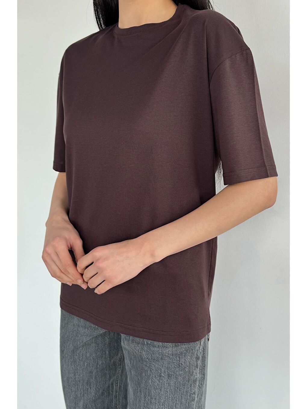 Kahverengi Oversize Basıc Tişört-1
